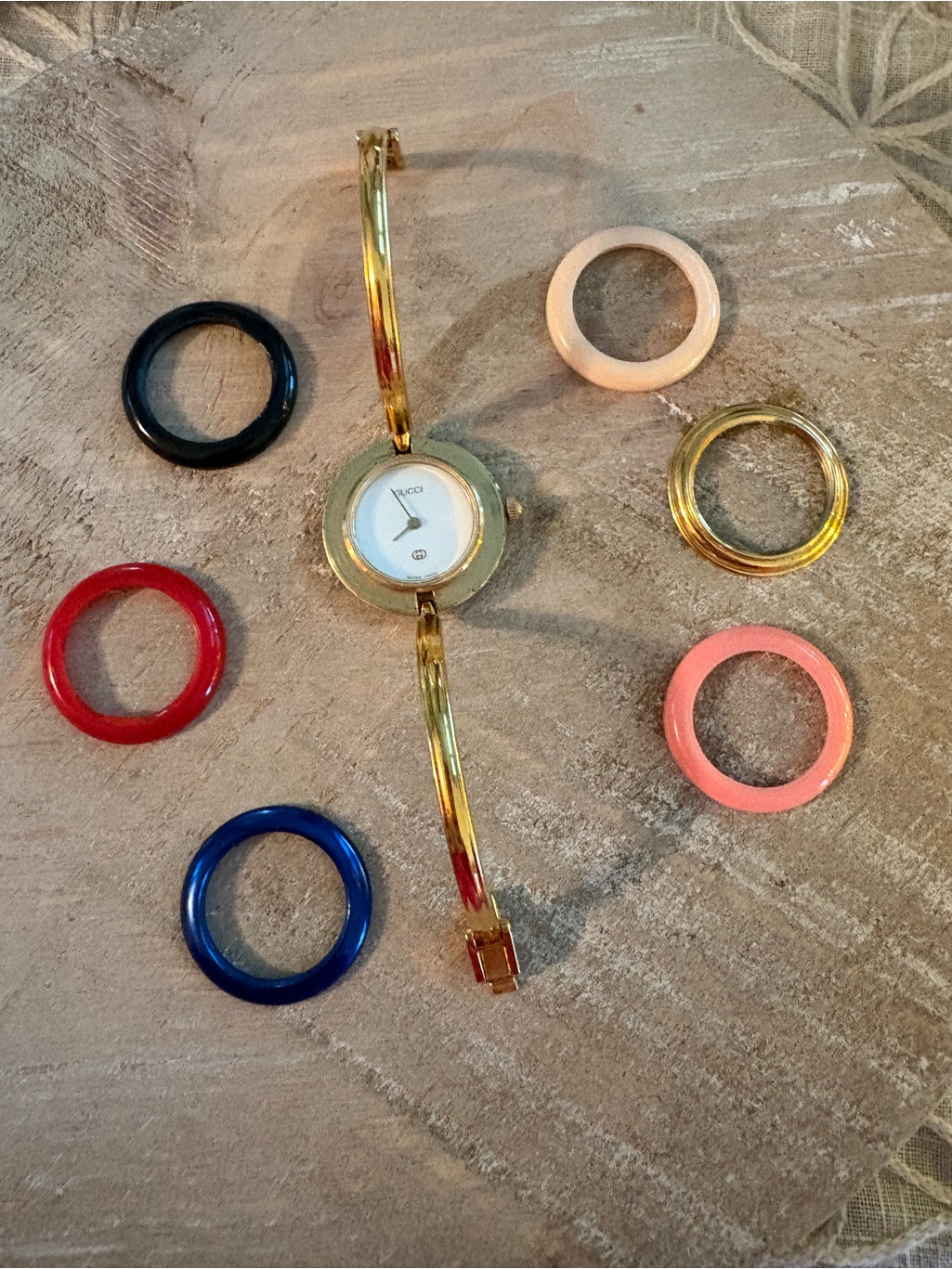Gucci Gold Bangle Watch With Interchangeable Color Bezels